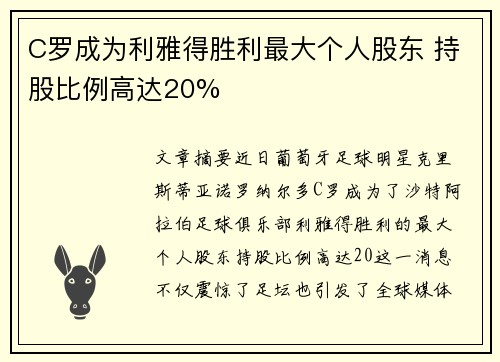 C罗成为利雅得胜利最大个人股东 持股比例高达20% C罗成为利雅得胜利最大个人股东 持股比例高达20%